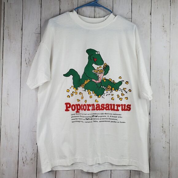 Vintage Single Stitch Popcornasaurus Dinosaur T-Shirt Mens XL White Short Sleeve - Picture 1 of 8